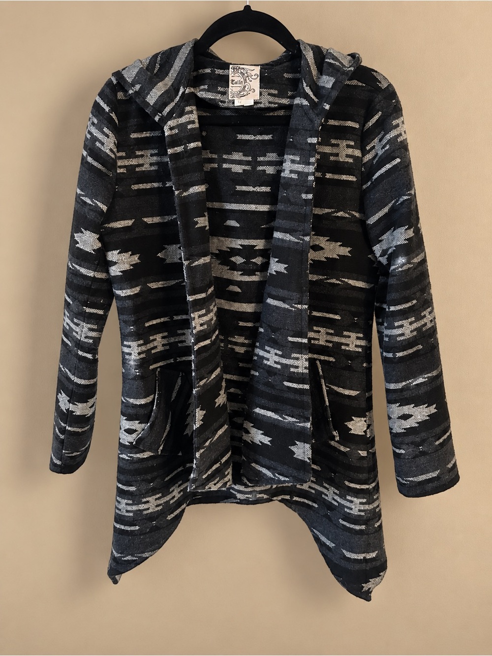 Tulle Hooded Aztec Open-Front Cardigan Jacket - Black & Gray